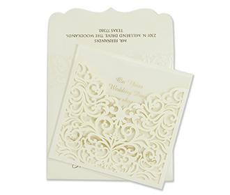 Indian wedding card wiith laser cut floral pocket in Ivory